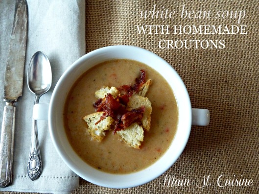 white bean soup with homemade croutons